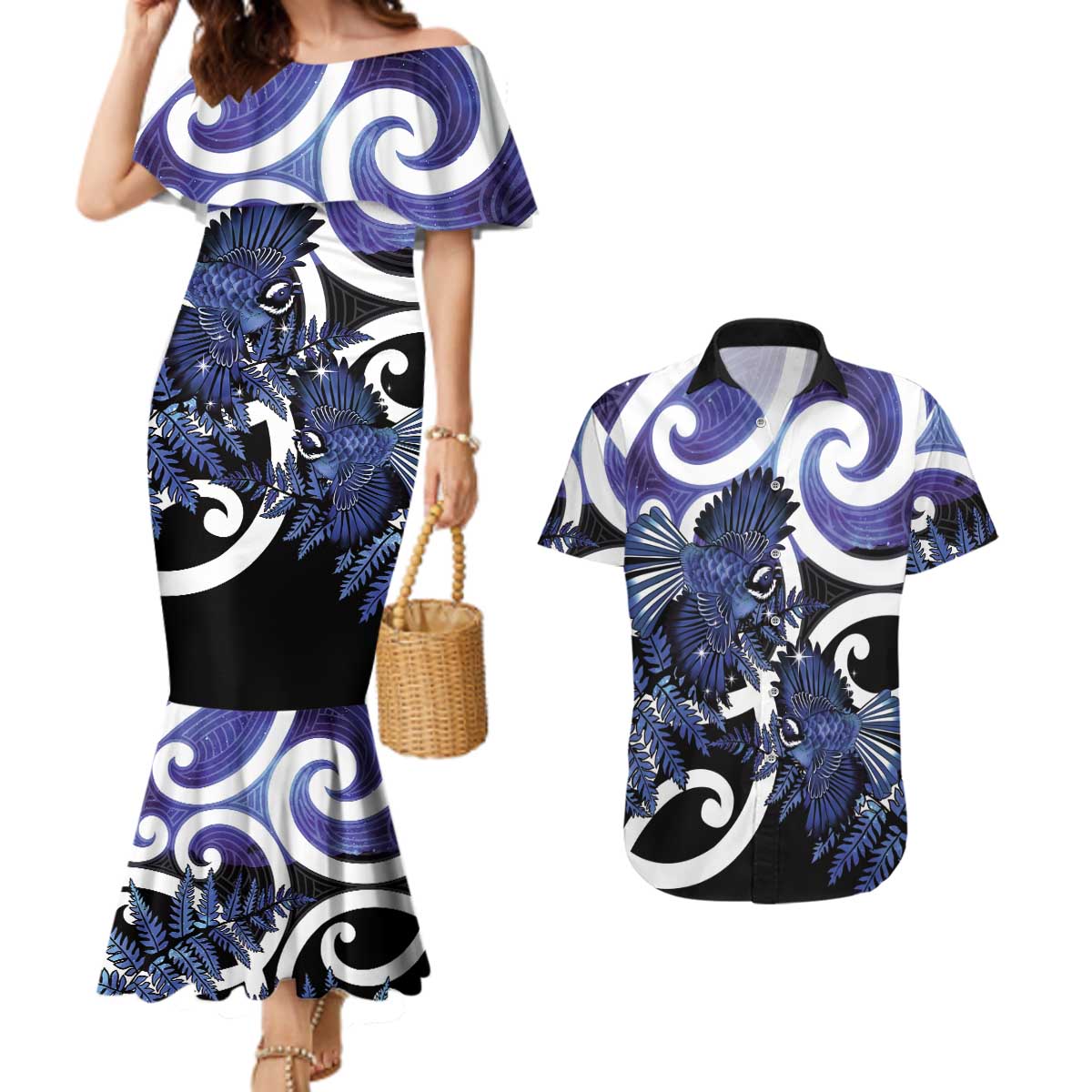 Piwakawaka New Zealand Matariki Couples Matching Mermaid Dress and Hawaiian Shirt Maori New Year Silver Fern Purple Galaxy
