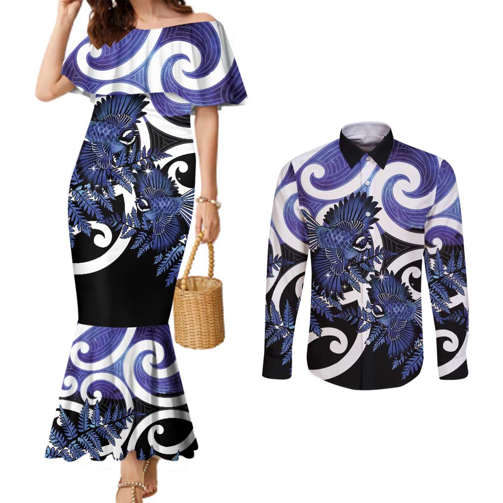 Piwakawaka New Zealand Matariki Couples Matching Mermaid Dress and Long Sleeve Button Shirt Maori New Year Silver Fern Purple Galaxy