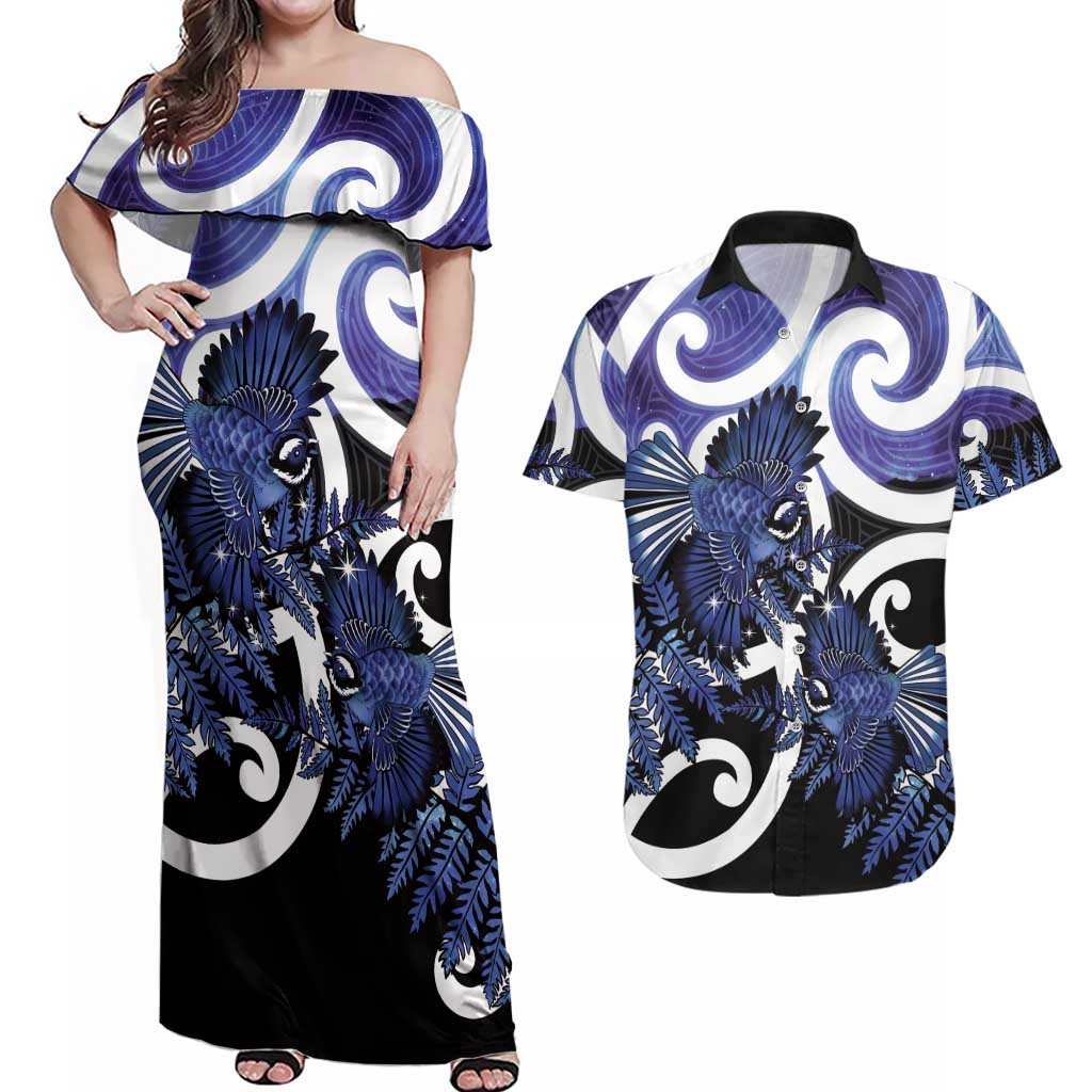 Piwakawaka New Zealand Matariki Couples Matching Off Shoulder Maxi Dress and Hawaiian Shirt Maori New Year Silver Fern Purple Galaxy LT14 Purple - Polynesian Pride