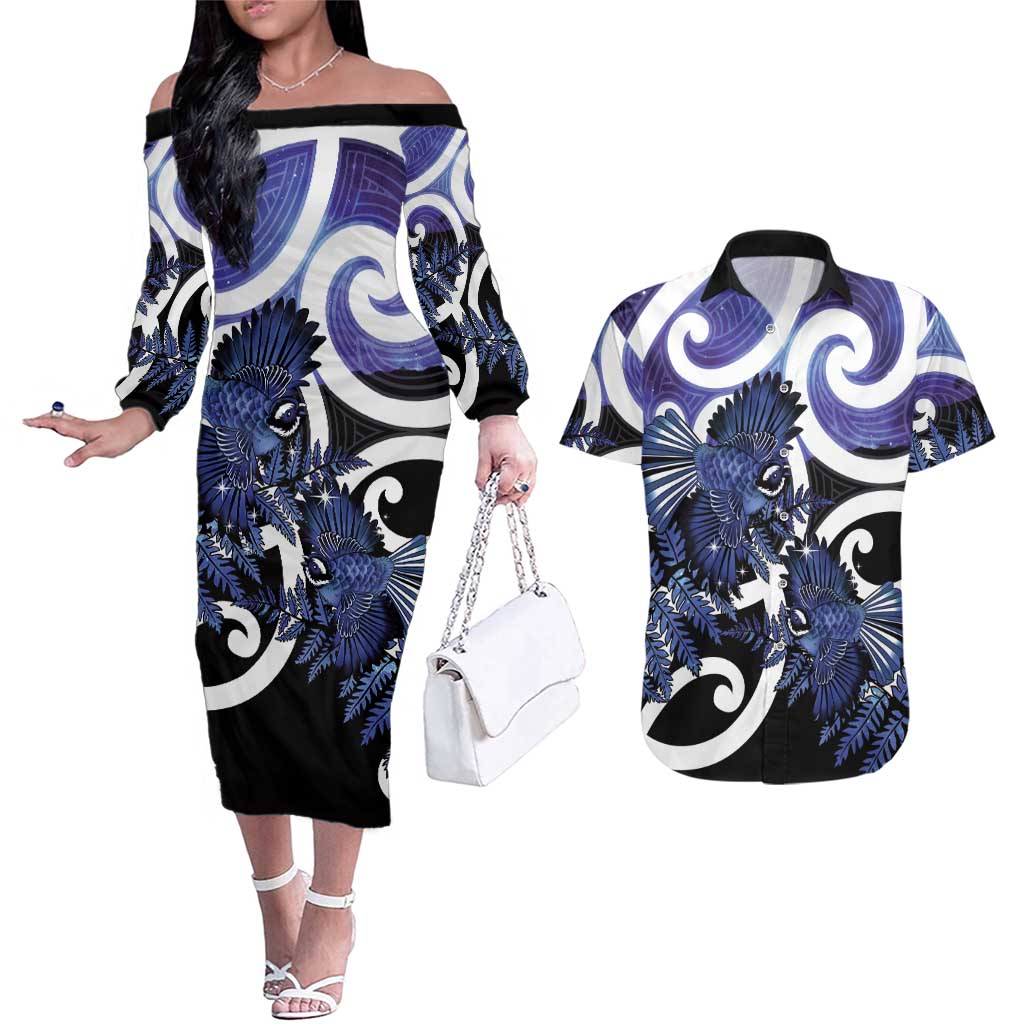 Piwakawaka New Zealand Matariki Couples Matching Off The Shoulder Long Sleeve Dress and Hawaiian Shirt Maori New Year Silver Fern Purple Galaxy LT14 Purple - Polynesian Pride