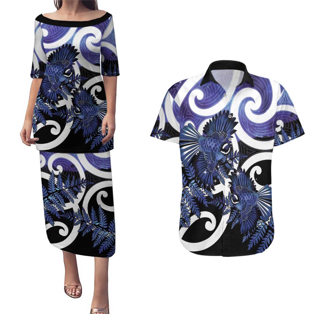 Piwakawaka New Zealand Matariki Couples Matching Puletasi and Hawaiian Shirt Maori New Year Silver Fern Purple Galaxy