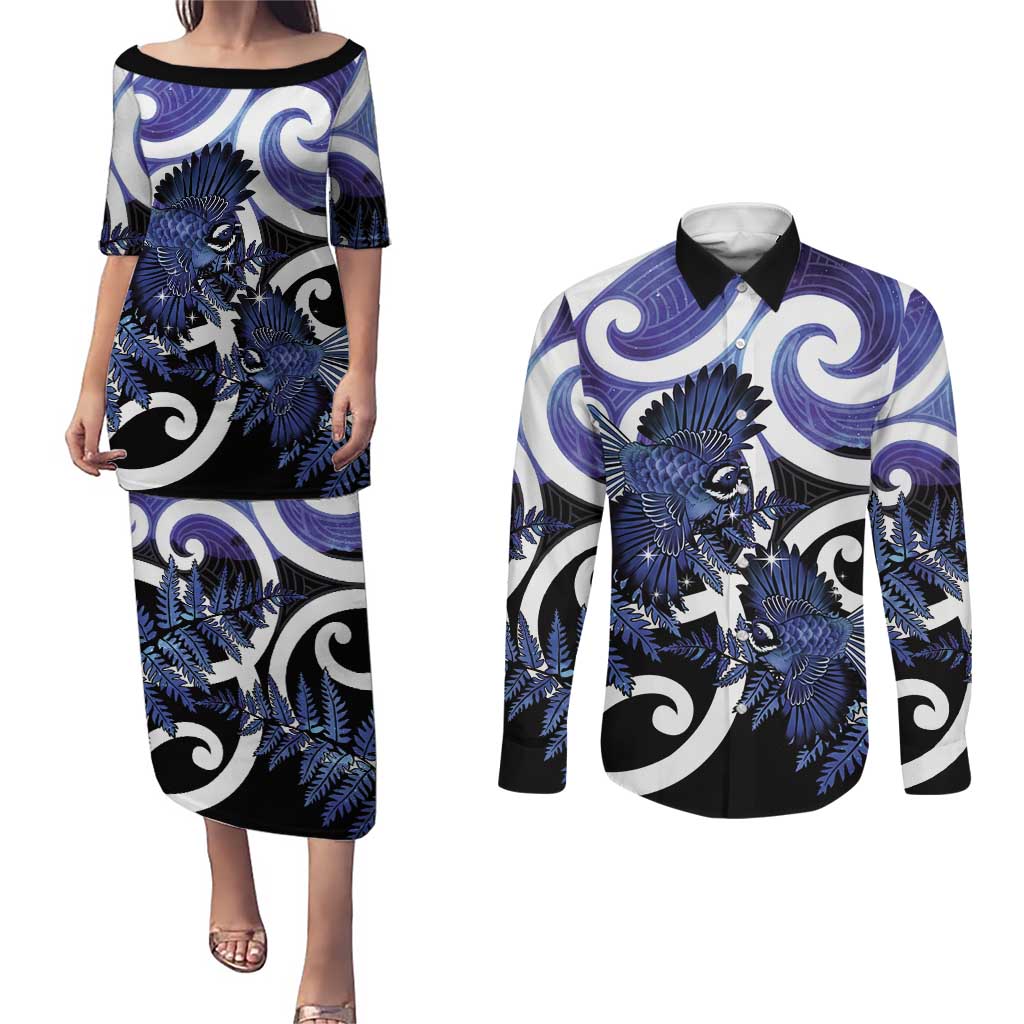 Piwakawaka New Zealand Matariki Couples Matching Puletasi and Long Sleeve Button Shirt Maori New Year Silver Fern Purple Galaxy LT14 Purple - Polynesian Pride