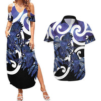 Piwakawaka New Zealand Matariki Couples Matching Summer Maxi Dress and Hawaiian Shirt Maori New Year Silver Fern Purple Galaxy LT14 Purple - Polynesian Pride