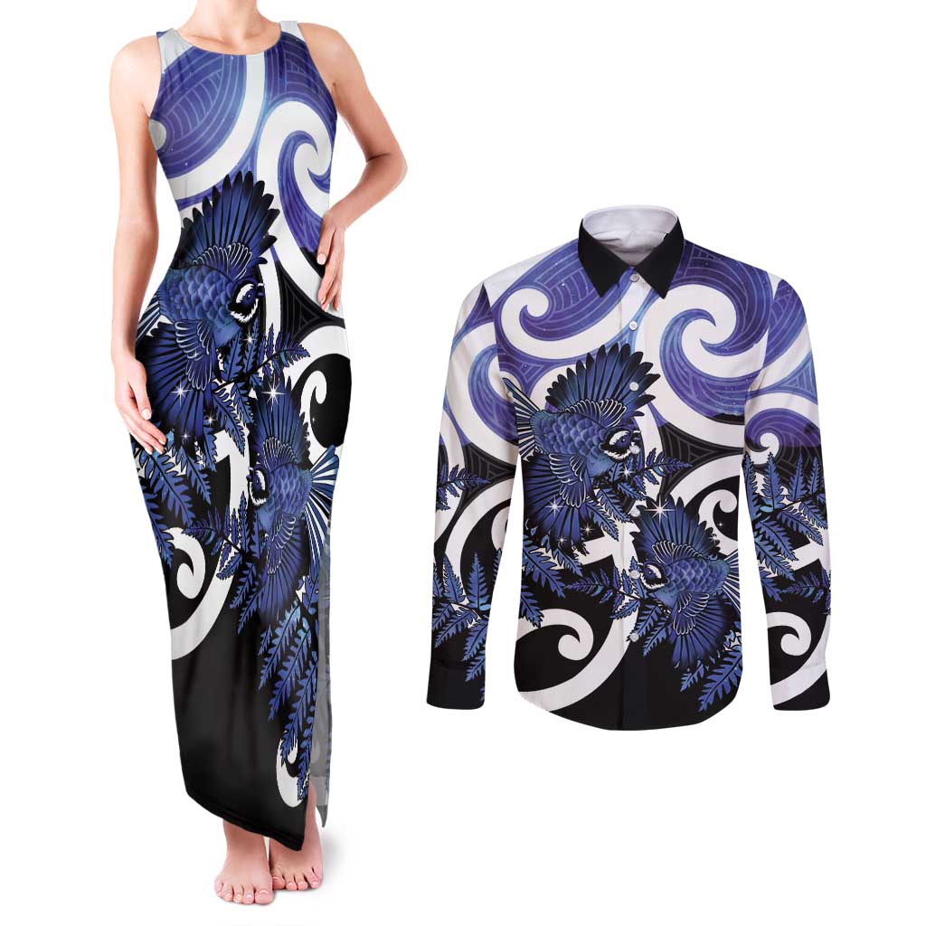 Piwakawaka New Zealand Matariki Couples Matching Tank Maxi Dress and Long Sleeve Button Shirt Maori New Year Silver Fern Purple Galaxy LT14 Purple - Polynesian Pride