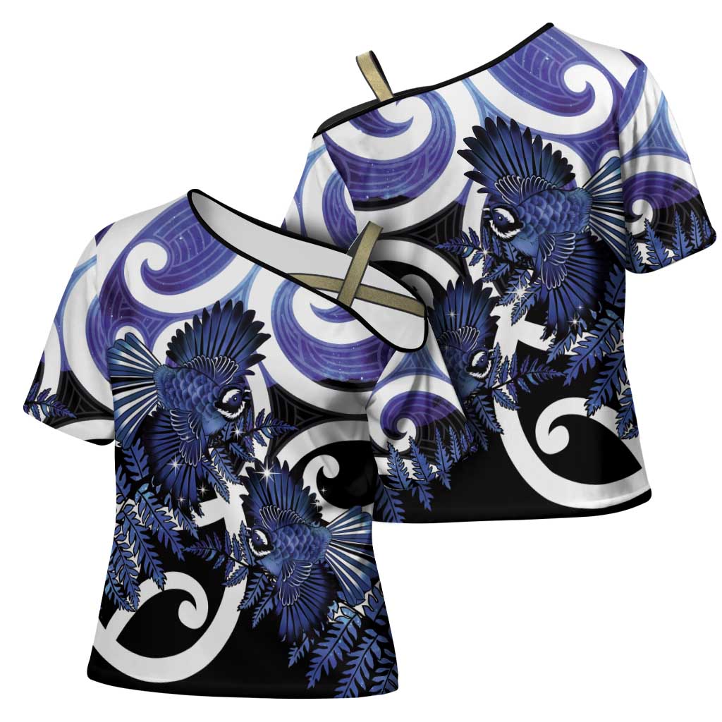 Piwakawaka New Zealand Matariki Cross Shoulder Shirt Maori New Year Silver Fern Purple Galaxy LT14 - Polynesian Pride