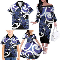 Piwakawaka New Zealand Matariki Family Matching Off The Shoulder Long Sleeve Dress and Hawaiian Shirt Maori New Year Silver Fern Purple Galaxy LT14 - Polynesian Pride