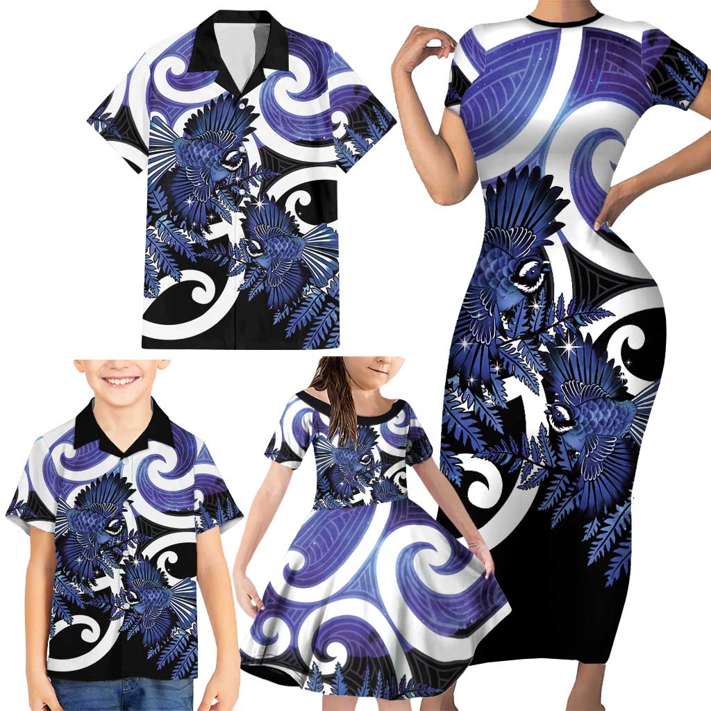 Piwakawaka New Zealand Matariki Family Matching Short Sleeve Bodycon Dress and Hawaiian Shirt Maori New Year Silver Fern Purple Galaxy