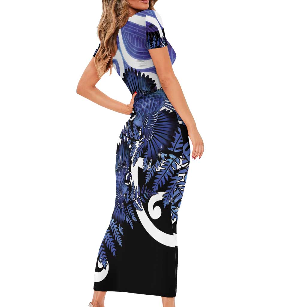Piwakawaka New Zealand Matariki Family Matching Short Sleeve Bodycon Dress and Hawaiian Shirt Maori New Year Silver Fern Purple Galaxy LT14 - Polynesian Pride