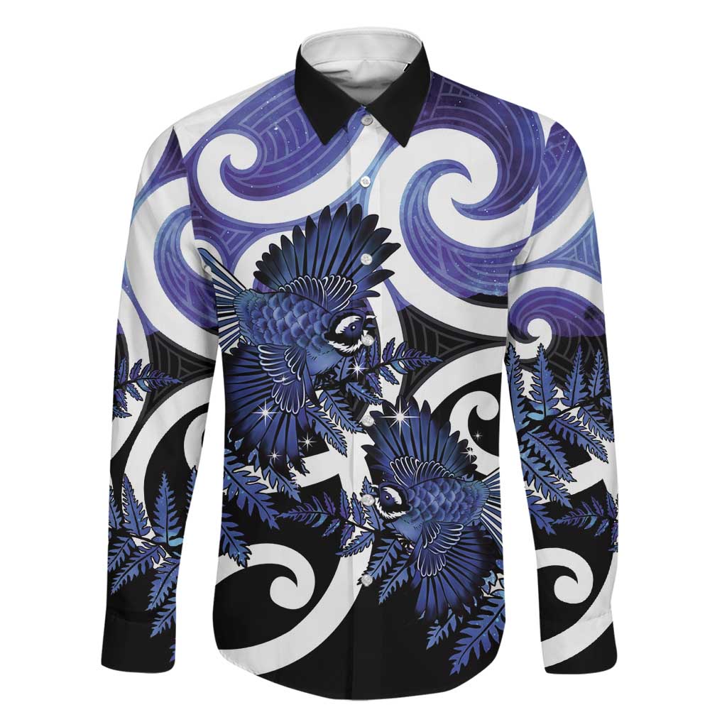 Piwakawaka New Zealand Matariki Family Matching Summer Maxi Dress and Hawaiian Shirt Maori New Year Silver Fern Purple Galaxy LT14 Dad's Shirt - Long Sleeve Purple - Polynesian Pride