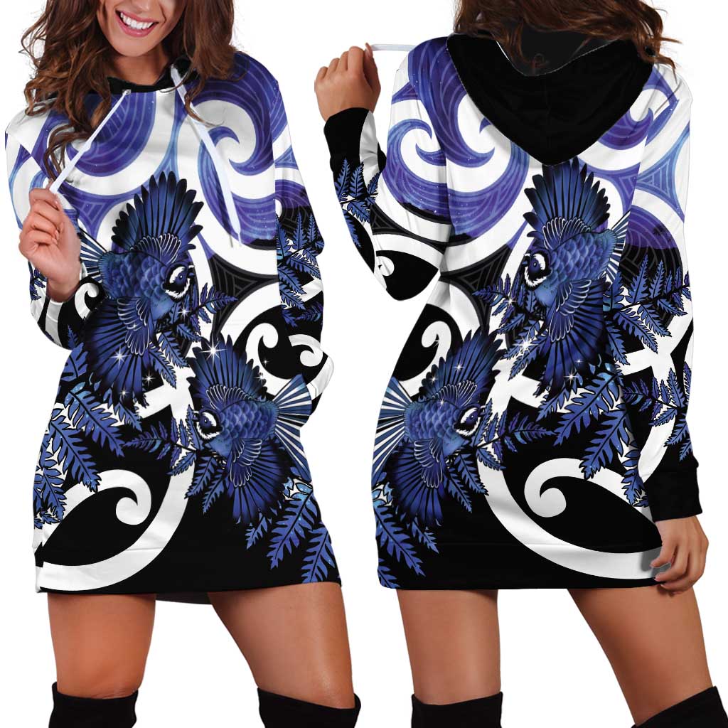 Piwakawaka New Zealand Matariki Hoodie Dress Maori New Year Silver Fern Purple Galaxy LT14 - Polynesian Pride