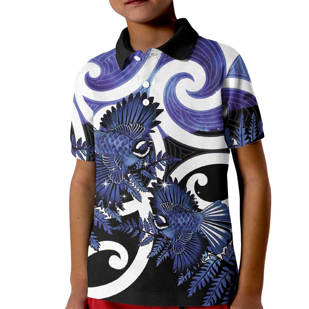 Piwakawaka New Zealand Matariki Kid Polo Shirt Maori New Year Silver Fern Purple Galaxy