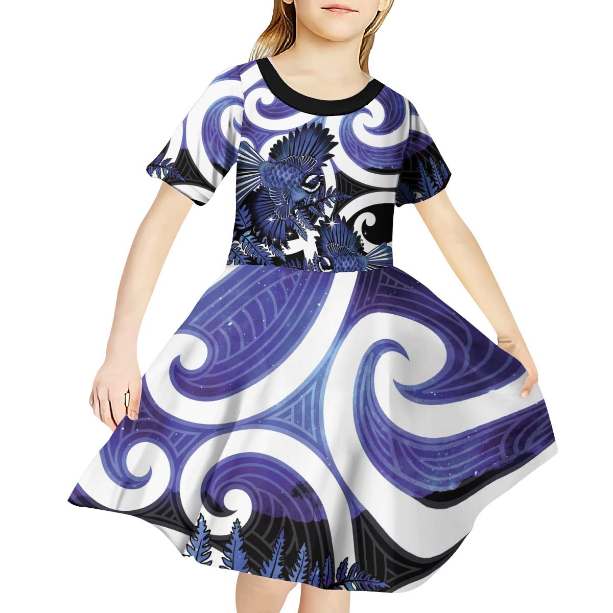 Piwakawaka New Zealand Matariki Kid Short Sleeve Dress Maori New Year Silver Fern Purple Galaxy LT14 - Polynesian Pride