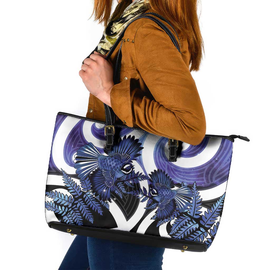 Piwakawaka New Zealand Matariki Leather Tote Bag Maori New Year Silver Fern Purple Galaxy LT14 Purple - Polynesian Pride
