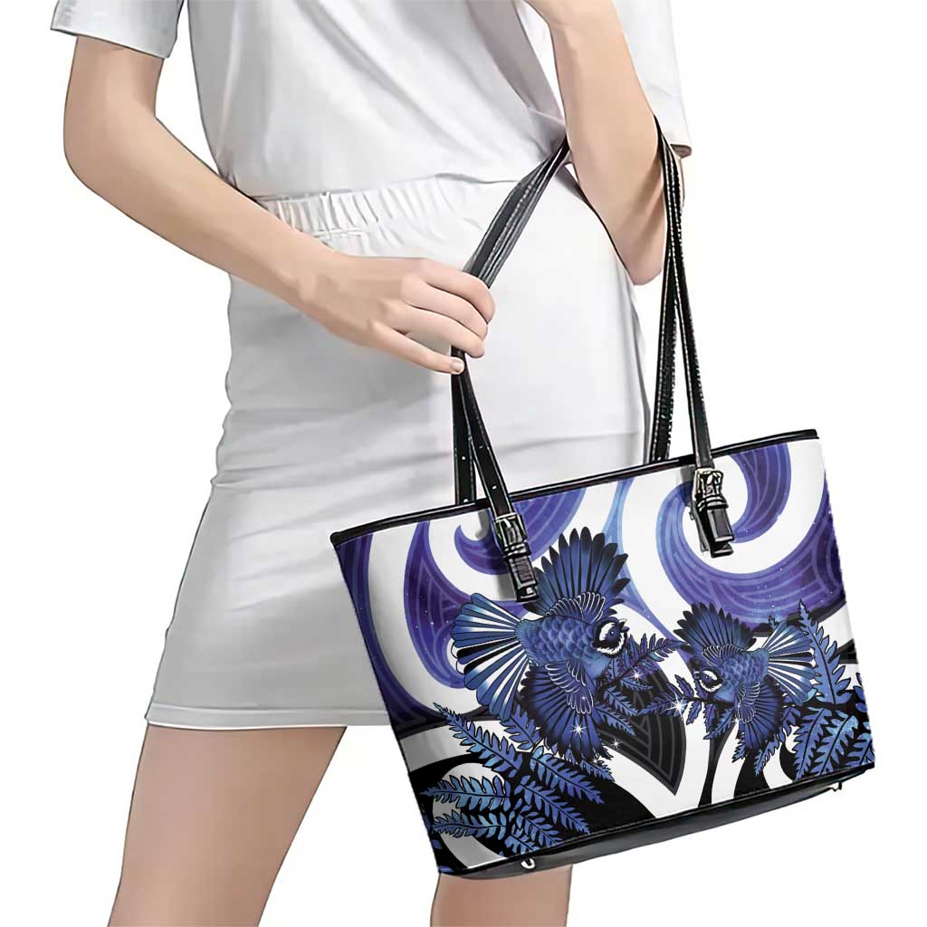 Piwakawaka New Zealand Matariki Leather Tote Bag Maori New Year Silver Fern Purple Galaxy LT14 - Polynesian Pride