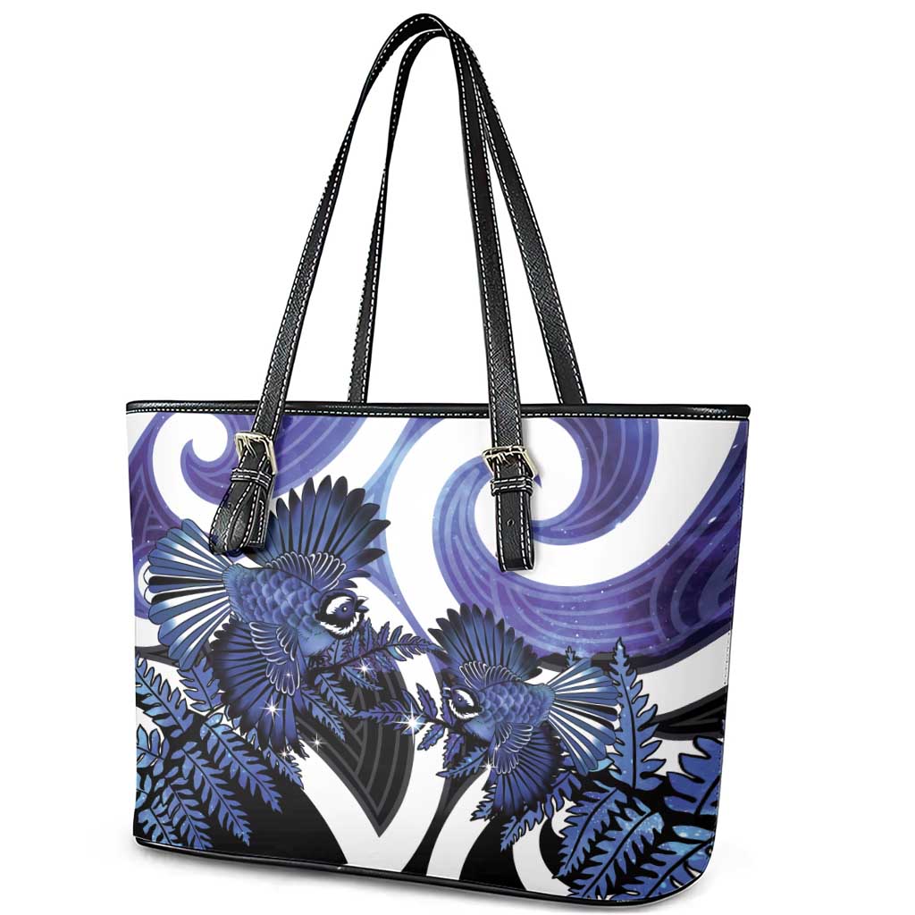 Piwakawaka New Zealand Matariki Leather Tote Bag Maori New Year Silver Fern Purple Galaxy LT14 - Polynesian Pride