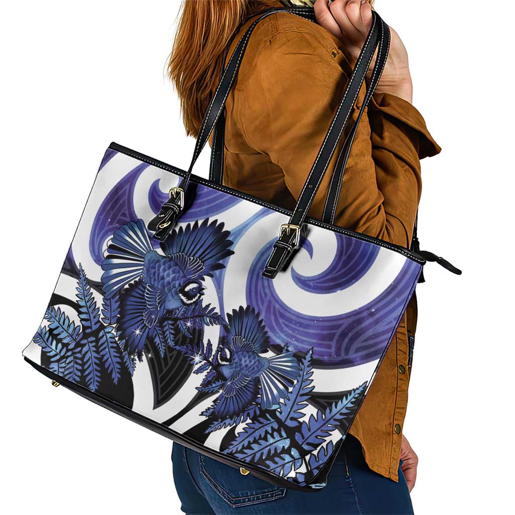 Piwakawaka New Zealand Matariki Leather Tote Bag Maori New Year Silver Fern Purple Galaxy LT14 - Polynesian Pride