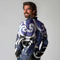 Piwakawaka New Zealand Matariki Long Sleeve Polo Shirt Maori New Year Silver Fern Purple Galaxy LT14 - Polynesian Pride