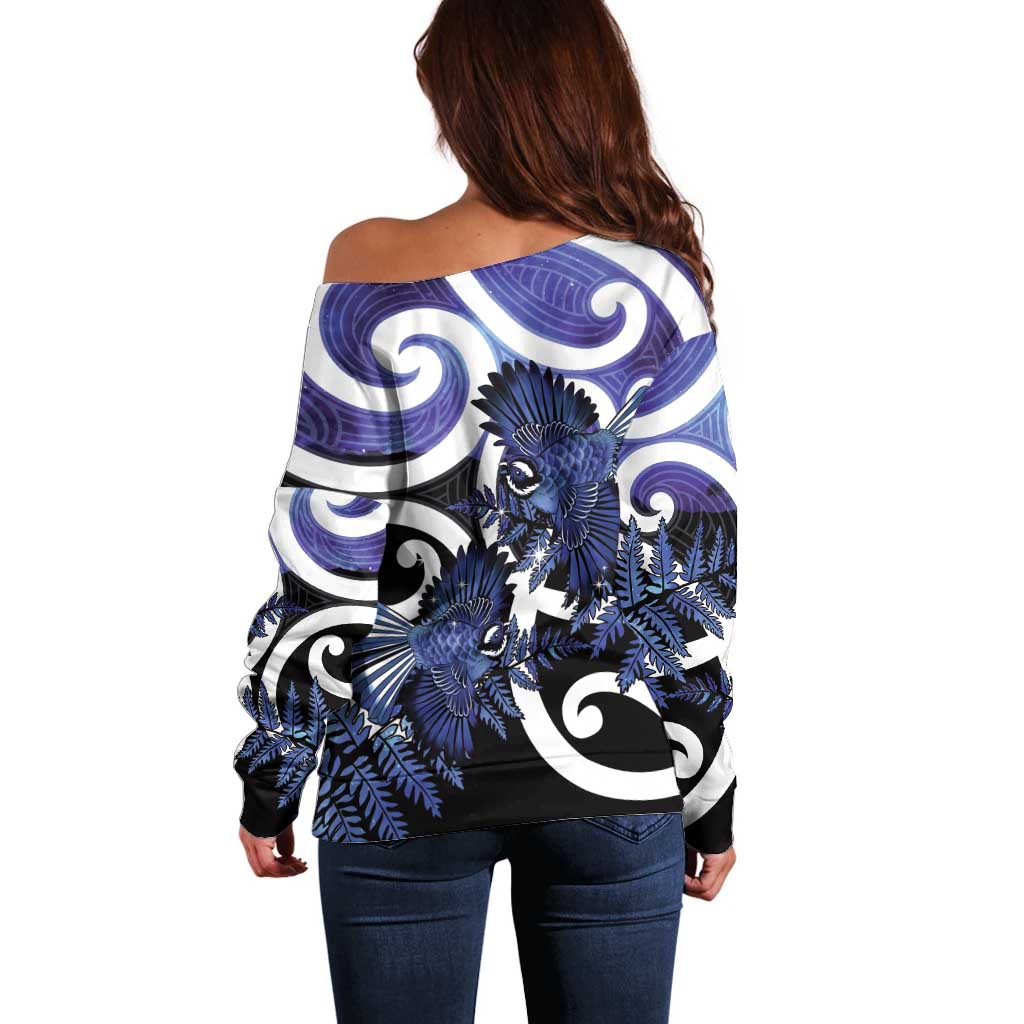 Piwakawaka New Zealand Matariki Off Shoulder Sweater Maori New Year Silver Fern Purple Galaxy LT14 - Polynesian Pride