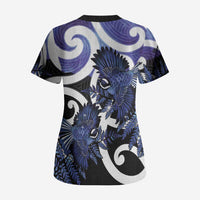 Piwakawaka New Zealand Matariki Scrub Top Maori New Year Silver Fern Purple Galaxy