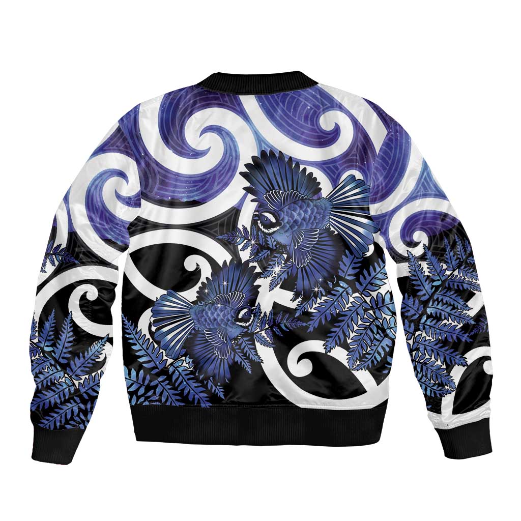 Piwakawaka New Zealand Matariki Sleeve Zip Bomber Jacket Maori New Year Silver Fern Purple Galaxy