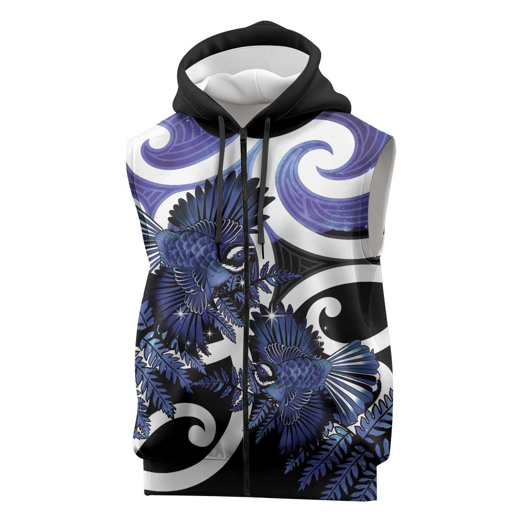 Piwakawaka New Zealand Matariki Sleeveless Zip Hoodie Maori New Year Silver Fern Purple Galaxy LT14 Purple - Polynesian Pride
