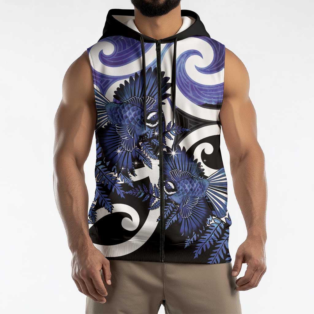 Piwakawaka New Zealand Matariki Sleeveless Zip Hoodie Maori New Year Silver Fern Purple Galaxy LT14 - Polynesian Pride
