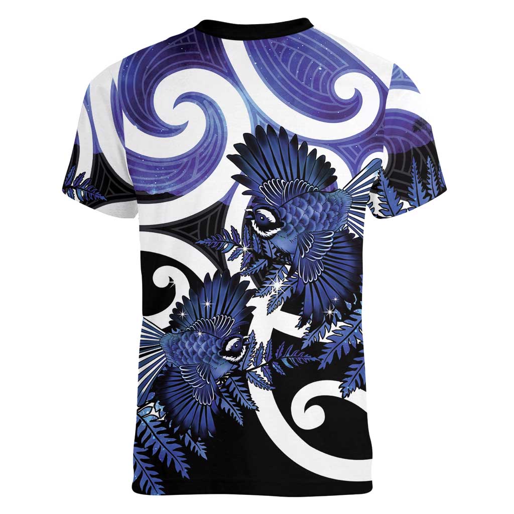Piwakawaka New Zealand Matariki Women V-Neck T-Shirt Maori New Year Silver Fern Purple Galaxy LT14 - Polynesian Pride