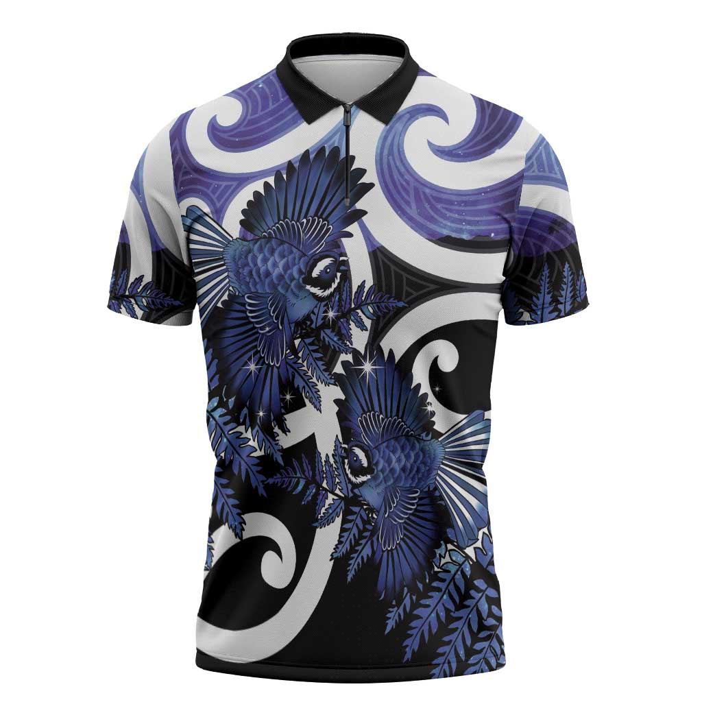 Piwakawaka New Zealand Matariki Zipper Polo Shirt Maori New Year Silver Fern Purple Galaxy