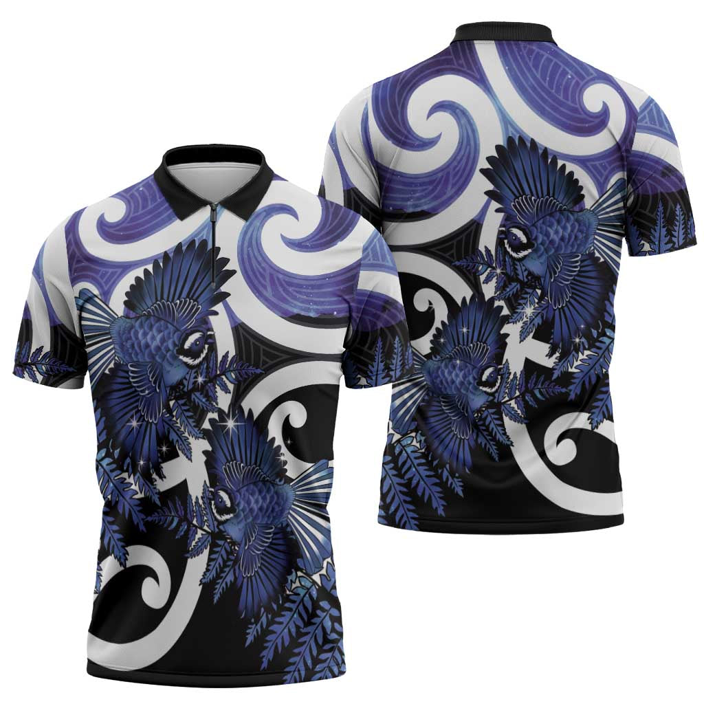 Piwakawaka New Zealand Matariki Zipper Polo Shirt Maori New Year Silver Fern Purple Galaxy LT14 - Polynesian Pride