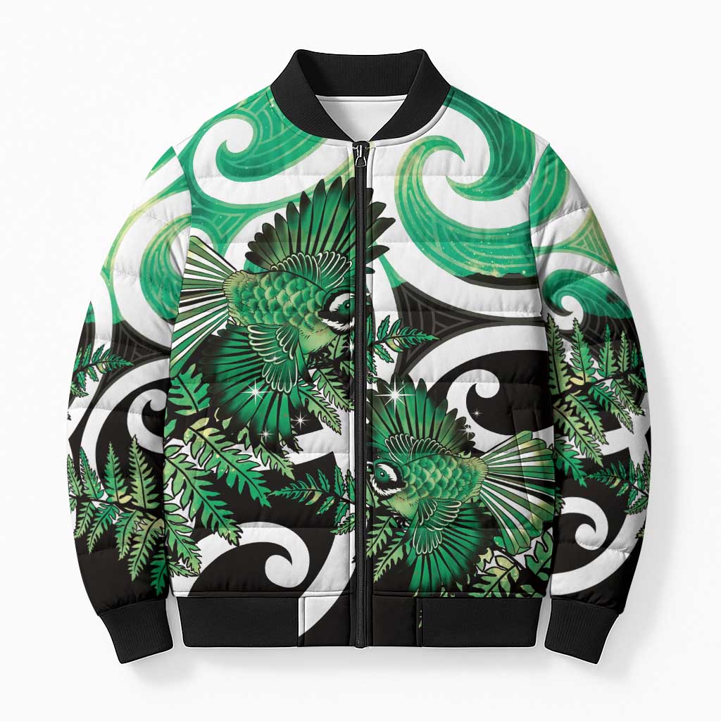 Piwakawaka New Zealand Matariki Bomber Puffer Jacket Maori New Year Silver Fern Green Galaxy