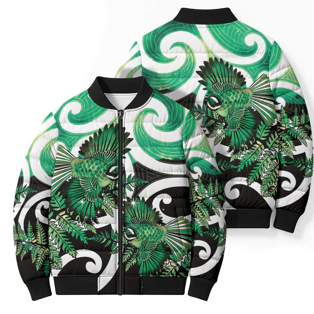 Piwakawaka New Zealand Matariki Bomber Puffer Jacket Maori New Year Silver Fern Green Galaxy