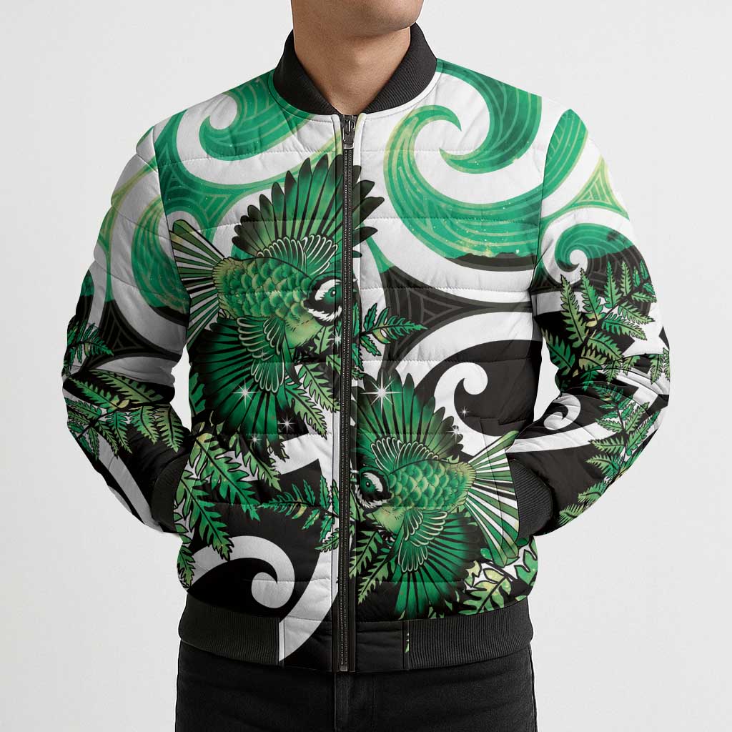 Piwakawaka New Zealand Matariki Bomber Puffer Jacket Maori New Year Silver Fern Green Galaxy