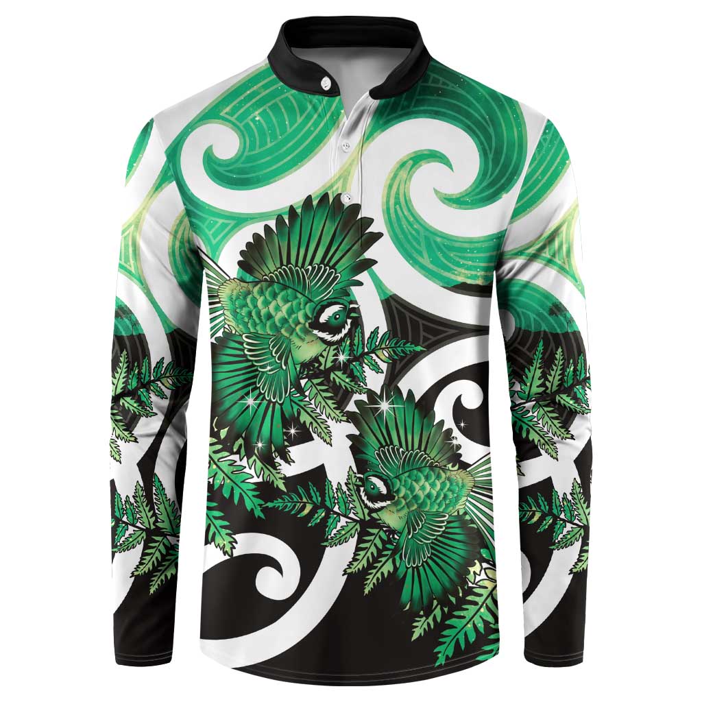 Piwakawaka New Zealand Matariki Button Sweatshirt Maori New Year Silver Fern Green Galaxy