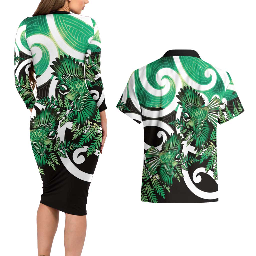 Piwakawaka New Zealand Matariki Couples Matching Long Sleeve Bodycon Dress and Hawaiian Shirt Maori New Year Silver Fern Green Galaxy LT14 - Polynesian Pride