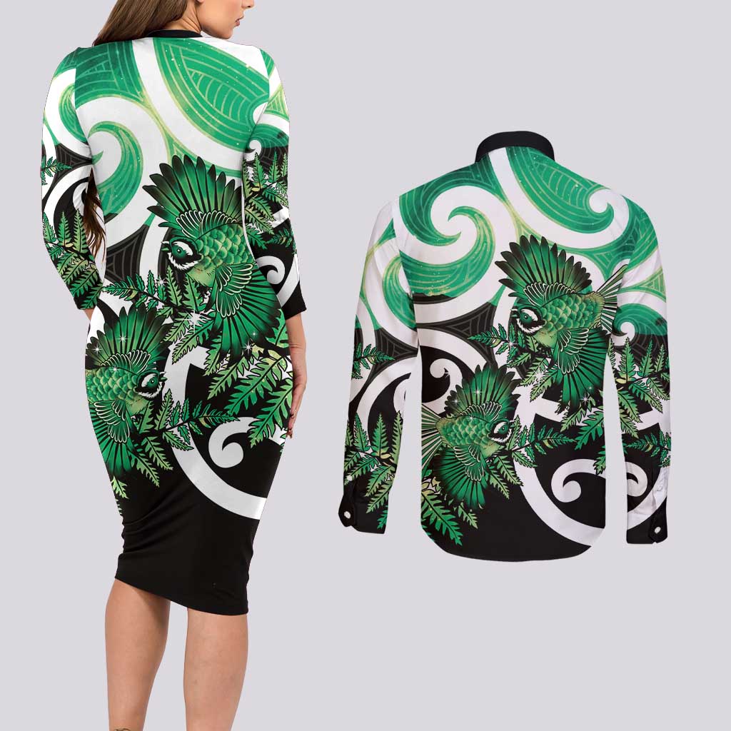 Piwakawaka New Zealand Matariki Couples Matching Long Sleeve Bodycon Dress and Long Sleeve Button Shirt Maori New Year Silver Fern Green Galaxy LT14 - Polynesian Pride