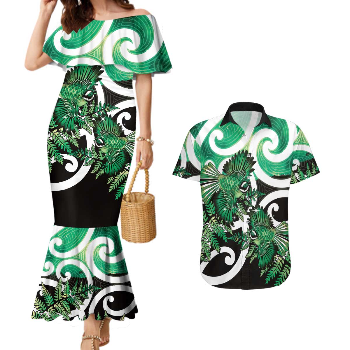 Piwakawaka New Zealand Matariki Couples Matching Mermaid Dress and Hawaiian Shirt Maori New Year Silver Fern Green Galaxy LT14 Green - Polynesian Pride
