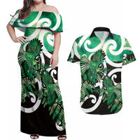 Piwakawaka New Zealand Matariki Couples Matching Off Shoulder Maxi Dress and Hawaiian Shirt Maori New Year Silver Fern Green Galaxy LT14 Green - Polynesian Pride