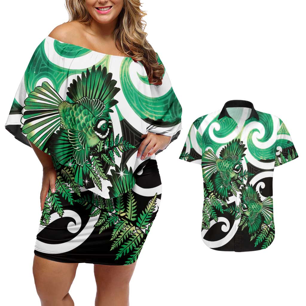 Piwakawaka New Zealand Matariki Couples Matching Off Shoulder Short Dress and Hawaiian Shirt Maori New Year Silver Fern Green Galaxy LT14 Green - Polynesian Pride