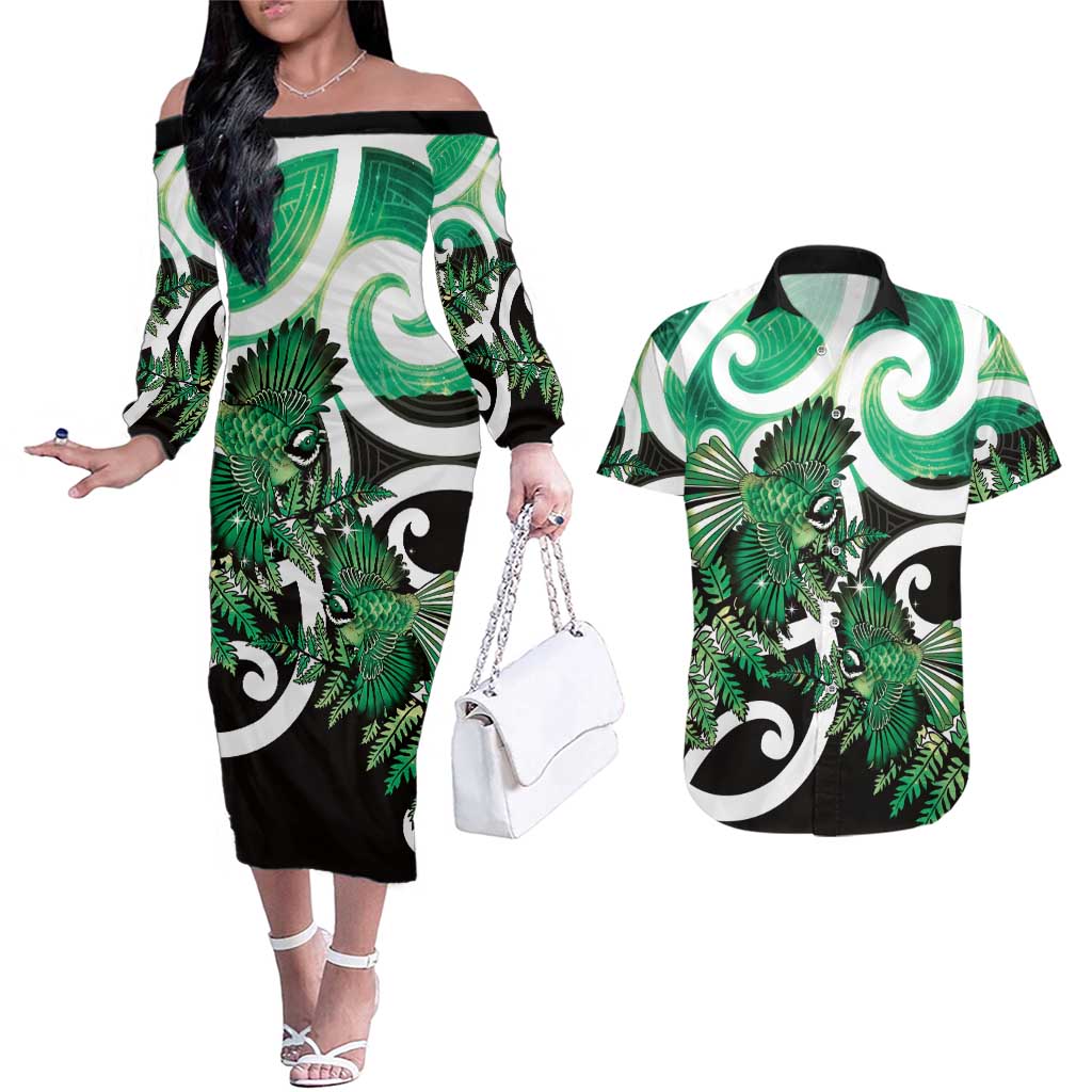 Piwakawaka New Zealand Matariki Couples Matching Off The Shoulder Long Sleeve Dress and Hawaiian Shirt Maori New Year Silver Fern Green Galaxy LT14 Green - Polynesian Pride