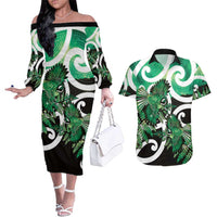 Piwakawaka New Zealand Matariki Couples Matching Off The Shoulder Long Sleeve Dress and Hawaiian Shirt Maori New Year Silver Fern Green Galaxy LT14 Green - Polynesian Pride
