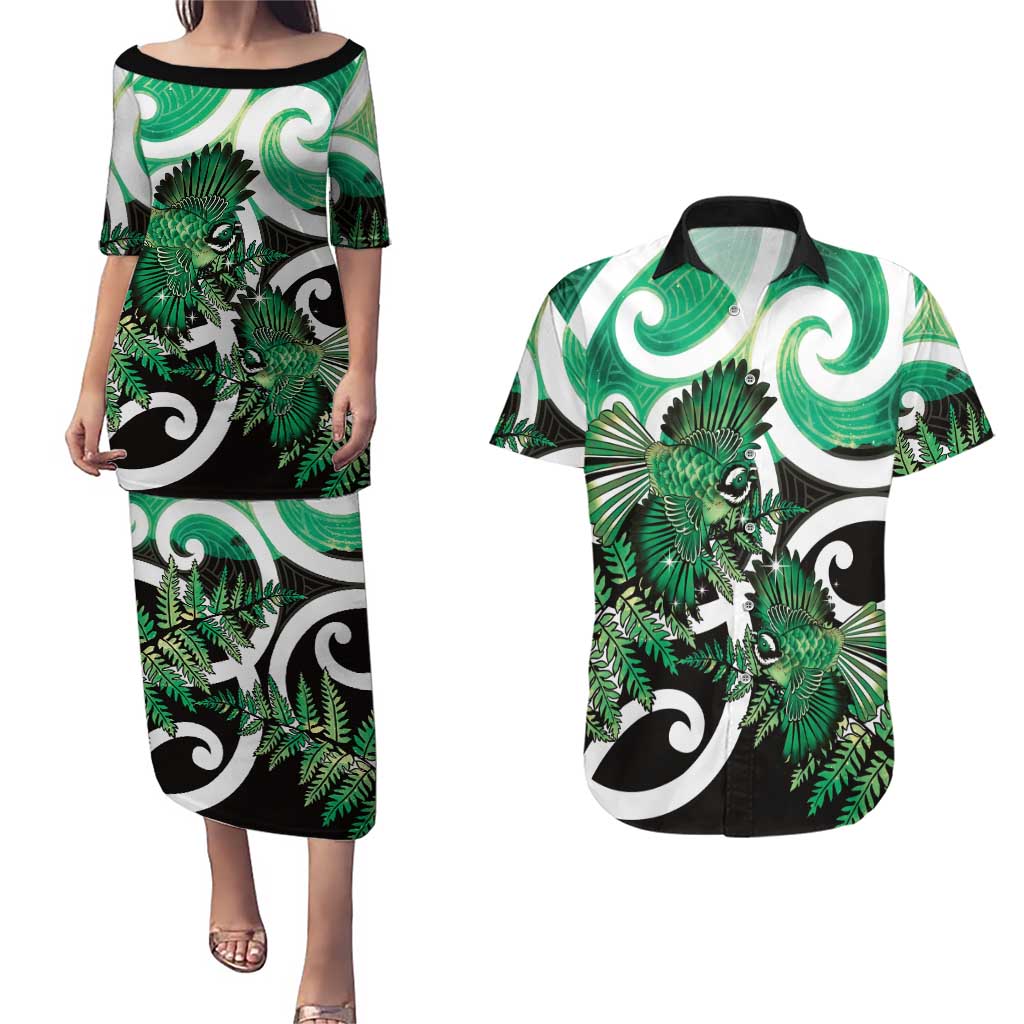 Piwakawaka New Zealand Matariki Couples Matching Puletasi and Hawaiian Shirt Maori New Year Silver Fern Green Galaxy