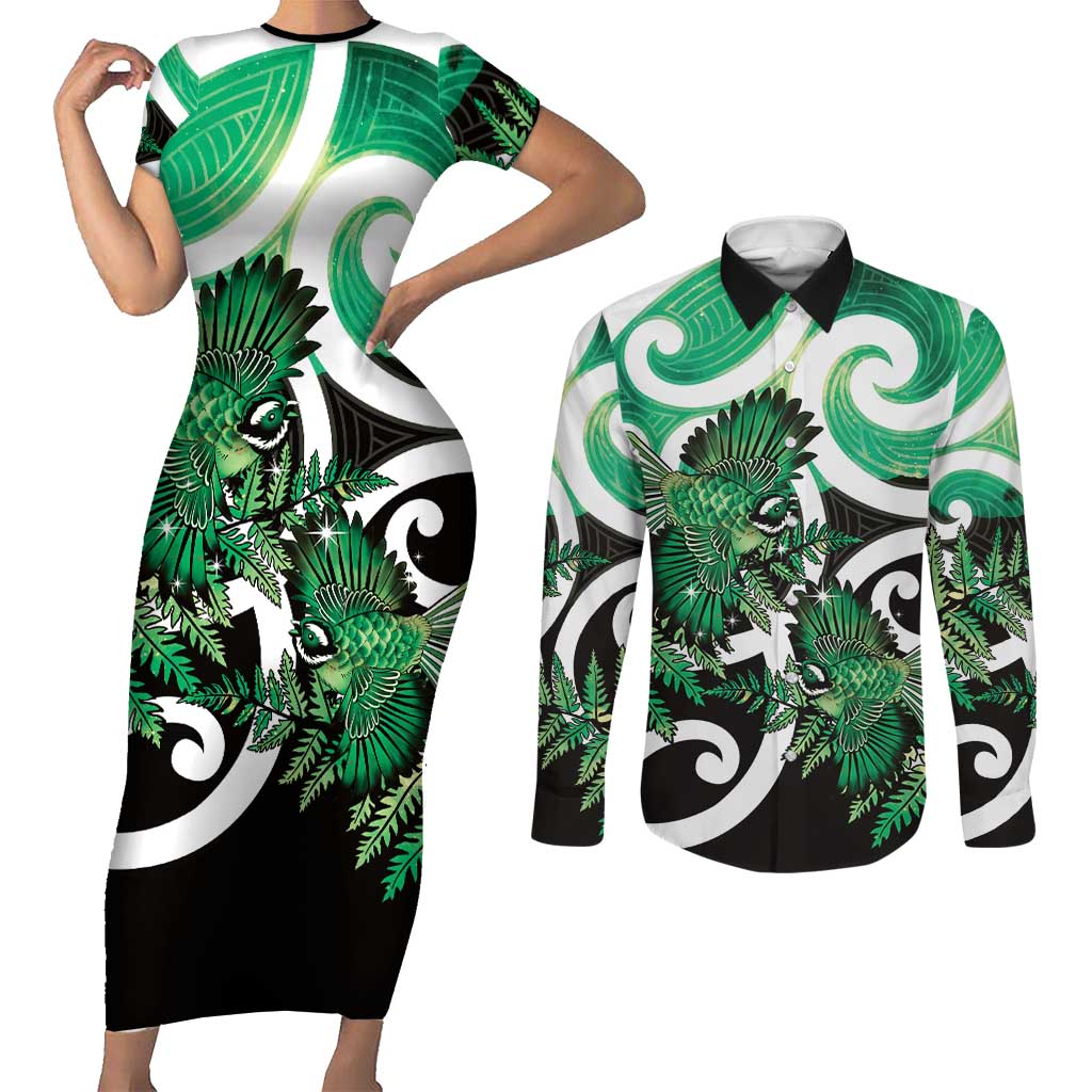 Piwakawaka New Zealand Matariki Couples Matching Short Sleeve Bodycon Dress and Long Sleeve Button Shirt Maori New Year Silver Fern Green Galaxy LT14 Green - Polynesian Pride