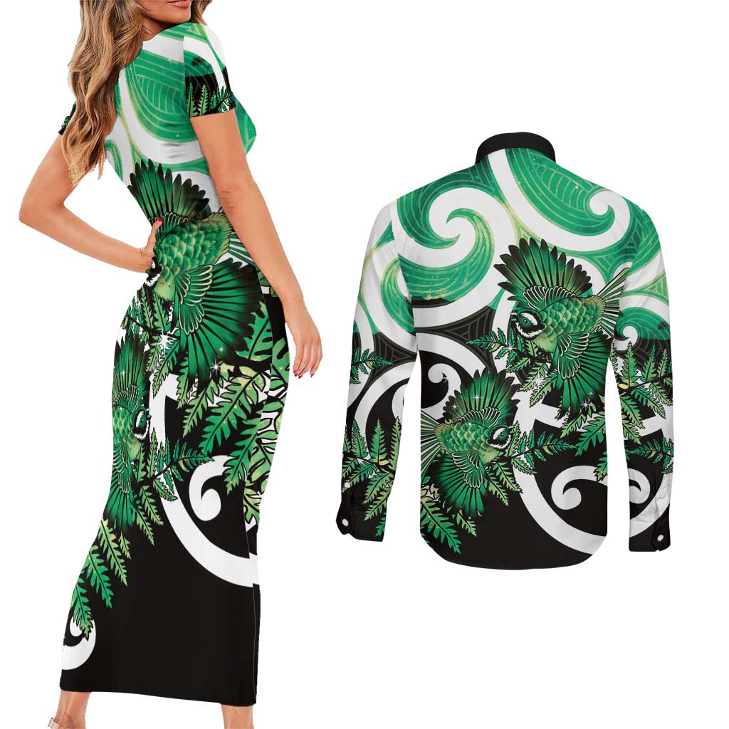 Piwakawaka New Zealand Matariki Couples Matching Short Sleeve Bodycon Dress and Long Sleeve Button Shirt Maori New Year Silver Fern Green Galaxy LT14 - Polynesian Pride
