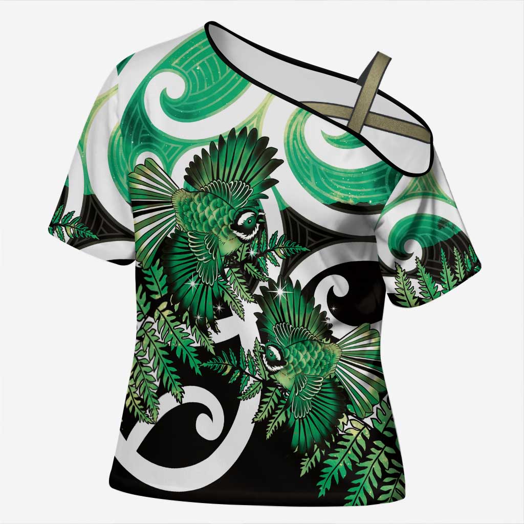 Piwakawaka New Zealand Matariki Cross Shoulder Shirt Maori New Year Silver Fern Green Galaxy