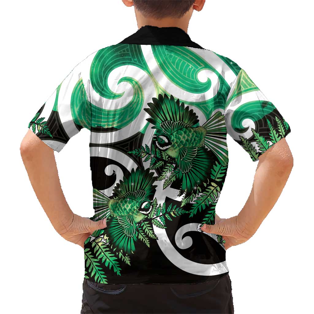 Piwakawaka New Zealand Matariki Family Matching Off Shoulder Maxi Dress and Hawaiian Shirt Maori New Year Silver Fern Green Galaxy LT14 - Polynesian Pride