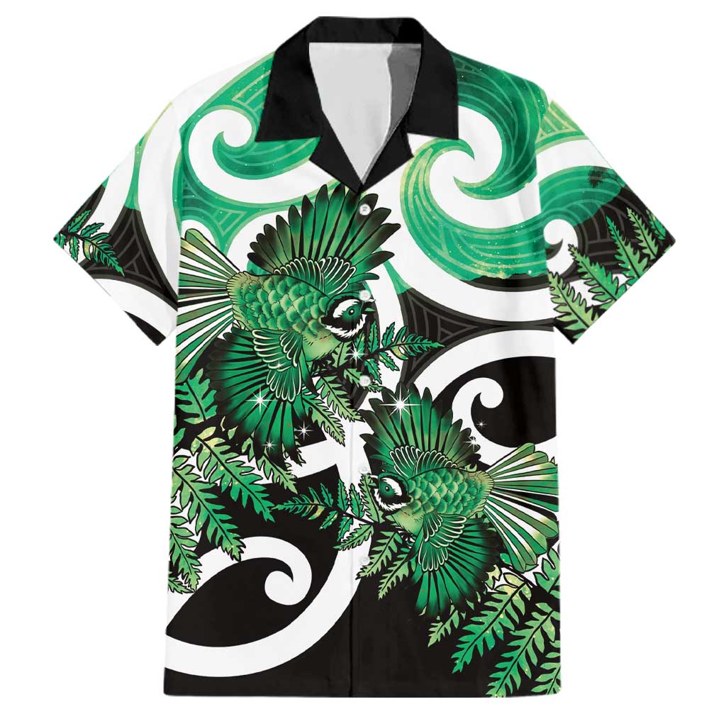 Piwakawaka New Zealand Matariki Family Matching Off Shoulder Maxi Dress and Hawaiian Shirt Maori New Year Silver Fern Green Galaxy LT14 Dad's Shirt - Short Sleeve Green - Polynesian Pride