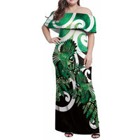Piwakawaka New Zealand Matariki Family Matching Off Shoulder Maxi Dress and Hawaiian Shirt Maori New Year Silver Fern Green Galaxy LT14 Mom's Dress Green - Polynesian Pride