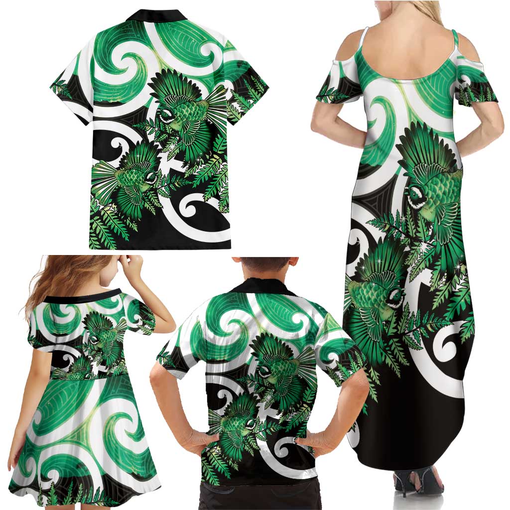 Piwakawaka New Zealand Matariki Family Matching Summer Maxi Dress and Hawaiian Shirt Maori New Year Silver Fern Green Galaxy LT14 - Polynesian Pride