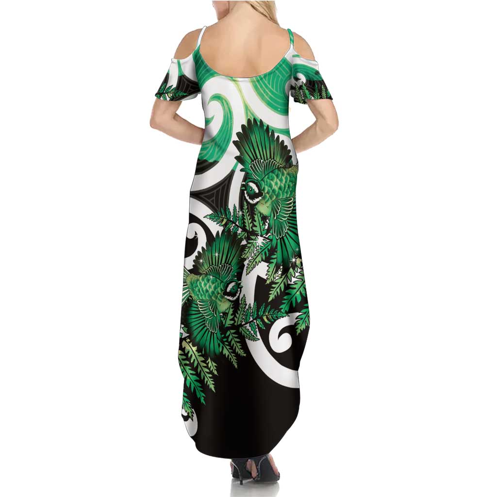 Piwakawaka New Zealand Matariki Family Matching Summer Maxi Dress and Hawaiian Shirt Maori New Year Silver Fern Green Galaxy LT14 - Polynesian Pride