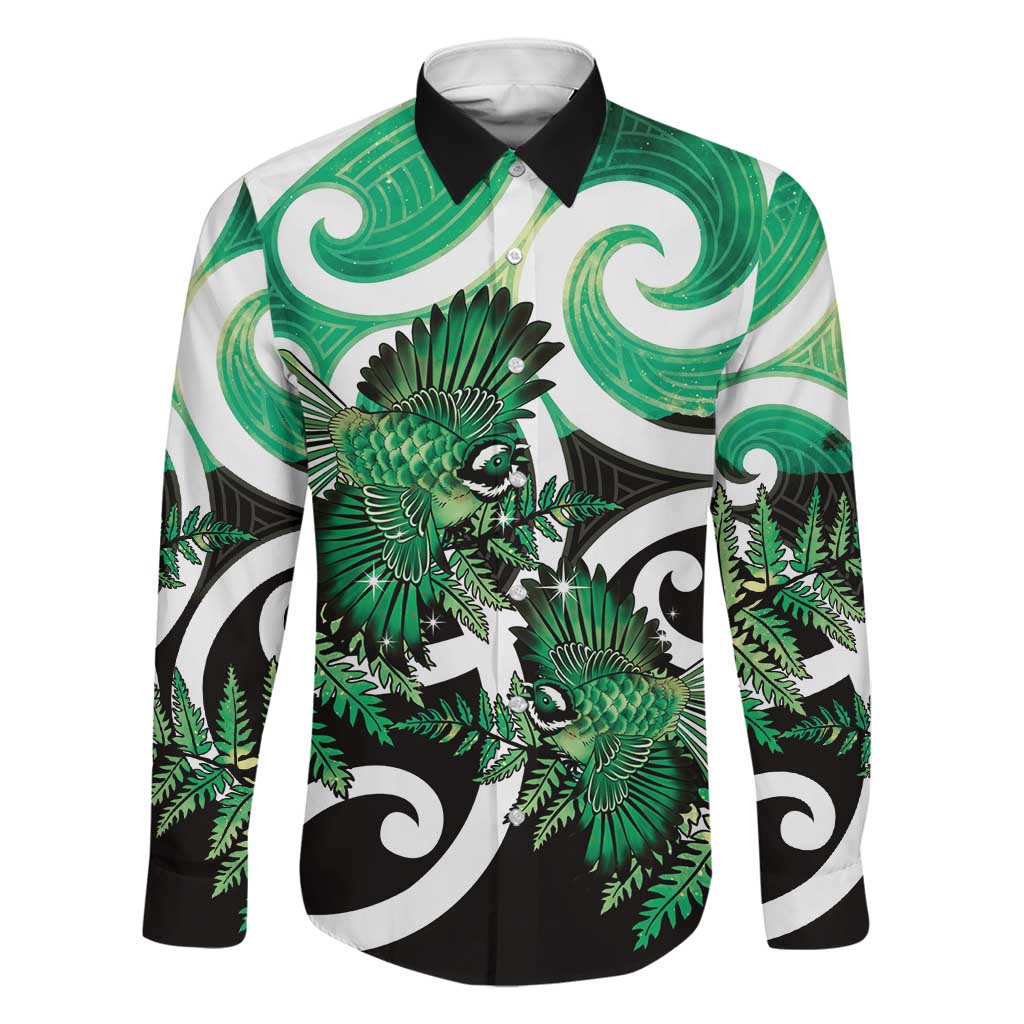 Piwakawaka New Zealand Matariki Family Matching Tank Maxi Dress and Hawaiian Shirt Maori New Year Silver Fern Green Galaxy LT14 Dad's Shirt - Long Sleeve Green - Polynesian Pride